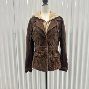 Women’s Brown Utility Jacket with Contrast Cream Hooded Liner size large